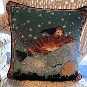 Whimsical Cat Witch Pillow